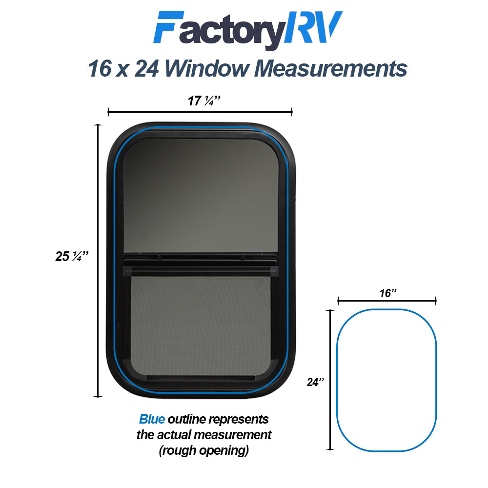 Vertical Sliding Black RV window 16 X 24 X 1 1/2 with Trim Kit