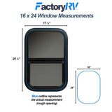 ToughGrade Vertical Sliding Black RV window 16" X 24" X 1 1/2" Includes Mounting Ring and Bottom Screen