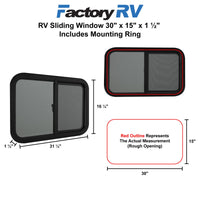 RV Horizontal Sliding Window 30" X 15" X 1½" Includes Mounting Ring