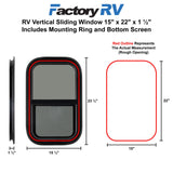 RV Vertical Sliding Window 15" X 22" X 1½" Includes Mounting Ring and Bottom Screen