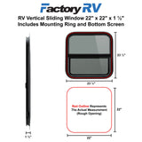 RV Vertical Sliding Window 22" X 22" X 1 ½" Includes Mounting Ring and Bottom Screen