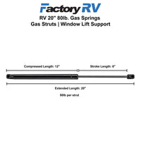 RV 20" 80lb. Gas Springs | Gas Struts | Window Lift Support | 2 Pack