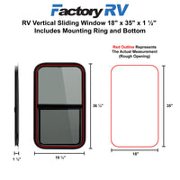 RV Vertical Sliding Window 18" X 35" X 1½" Includes Mounting Ring and Bottom Screen