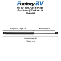 RV 20" 30lb. Gas Springs | Gas Struts | Window Lift Support | 2 Pack