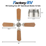 RV Ceiling Fan 36" Oak Brush Nickle 12 Volt