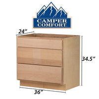 Camper Comfort (Ready-to-Assemble) Raw Maple 36"Wx34.5"Hx24" 3 Drawer Pots And Pans Base Cabinet