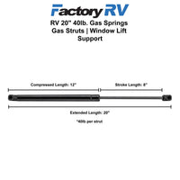 RV 20" 40lb. Gas Springs | Gas Struts | Window Lift Support | 2 Pack