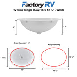 RV Sink Single Bowl 16" Long x 12 ¼" | White