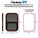 RV Vertical Sliding Window 16" X 24" X 1½" Includes Mounting Ring and Bottom Screen