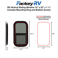 RV Vertical Sliding Window 12" X 22" X 1½" Includes Mounting Ring and Bottom Screen