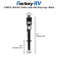 3500 lb. Electric Trailer Jack with Drop Leg Black