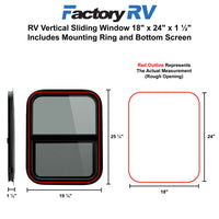 RV Vertical Sliding Window 18" X 24" X 1½" Includes Mounting Ring and Bottom Screen