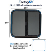 ToughGrade Horizontal Sliding RV Window 24" X 22" X 1 1/2" Mounting Ring Included