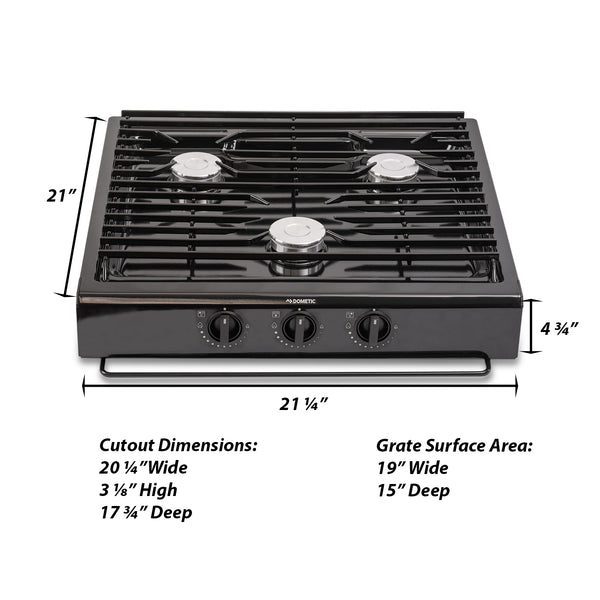 Dometic Atwood 50300 RV Kitchen 3-Burner Cooktop - Black - Match Light –