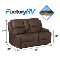 Camper Comfort 67" Manual Wall Hugger Reclining RV | Camper Theater Seats (Chocolate) | Double Recliner RV Sofa & Console | RV Couch | Wall Hugger Recliner | RV Theater Seating | RV Furniture | Theater Seat